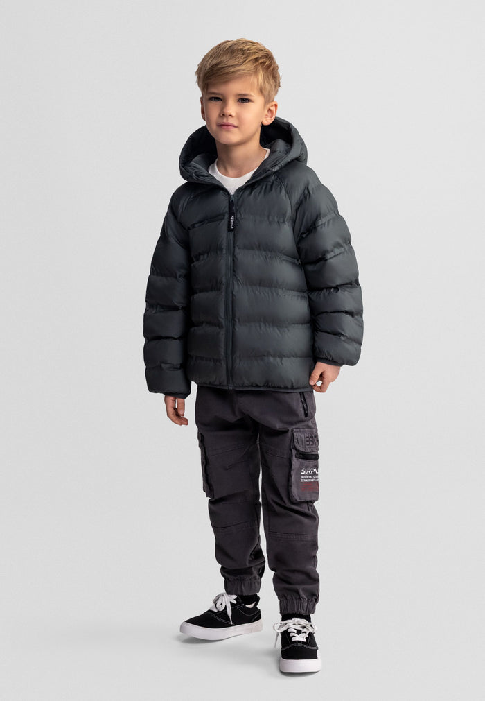 Boys lightweight hooded jacket in dark green, front view, features a full zip and padded design.