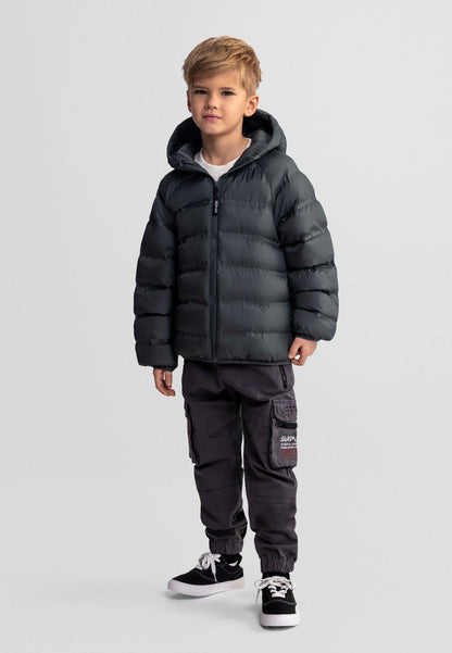 Boys lightweight hooded jacket in dark green, front view, features a full zip and padded design.