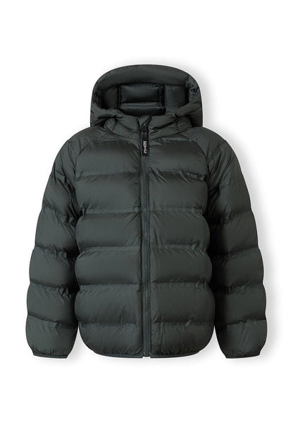 Boys lightweight hooded jacket, front view, emerald color, padded with full front zip.