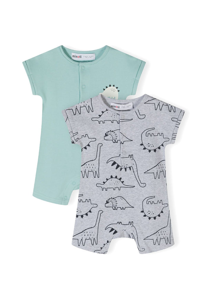 2-pack short sleeve rompers for boys, one grey patterned and one mint green, front view.