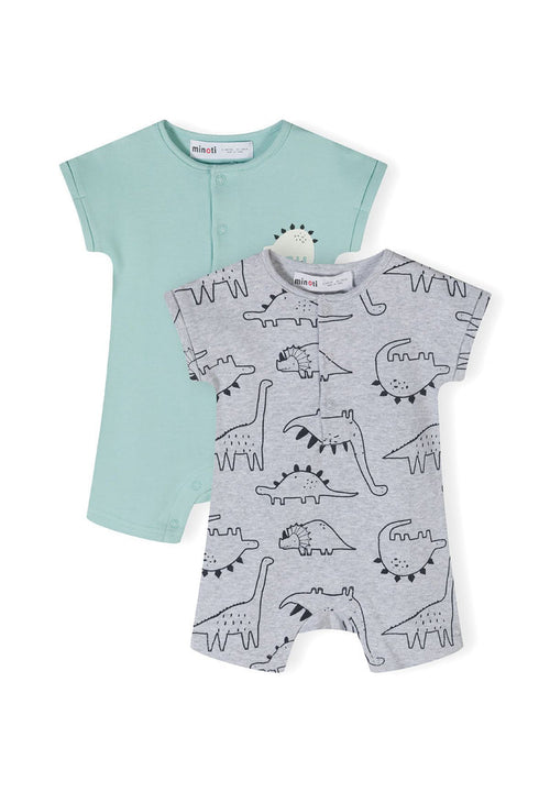 2-pack short sleeve rompers for boys, one grey patterned and one mint green, front view.