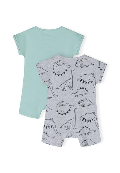Boys' 2-pack short sleeve rompers, one grey patterned and one mint green, back view.