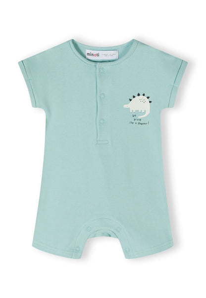Boys short sleeve romper in light blue with dinosaur print, front view.
