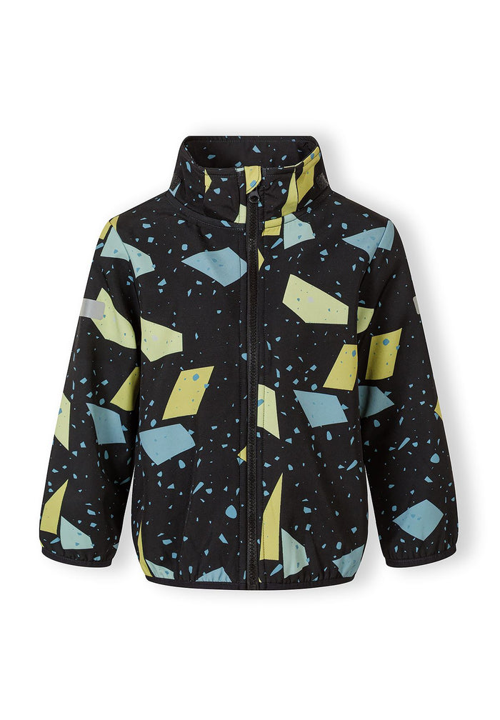 Boys softshell jacket in black with abstract print, front view, features fixed hood and full-length zip.