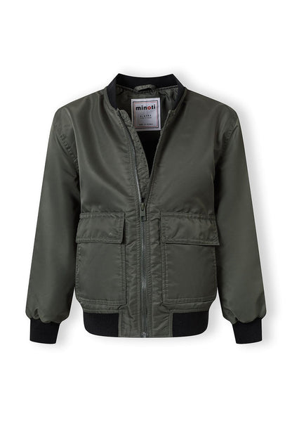 Boys khaki bomber jacket, front view, features full zip and two front pockets.