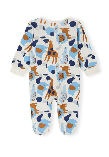Back view of a boys' long-sleeve sleepsuit with animal print and integrated feet.
