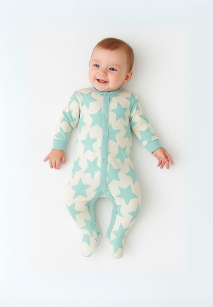 Mint long sleeve sleepsuit for boys with star pattern, front press stud fastening.