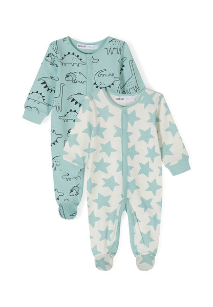 Two long-sleeved boys' sleepsuits in mint with dinosaur and star patterns, front press stud fastening.