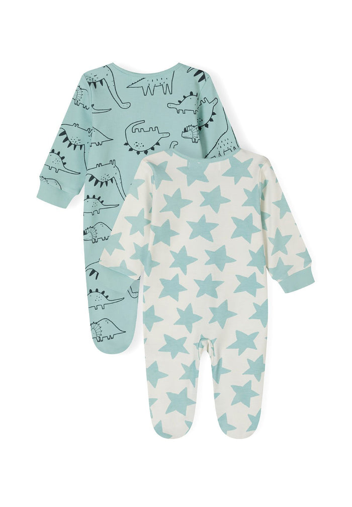 Two long-sleeved boys' sleepsuits in mint with dinosaur and star patterns, front press stud fastening.