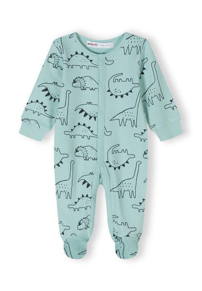 Mint long sleeve sleepsuit for boys with footed legs and dinosaur print, front press stud fastening.