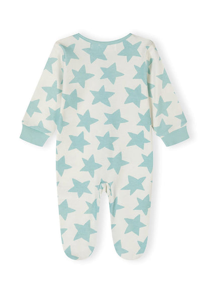 Back view of boys' long sleeve sleepsuit with footed legs and star pattern.