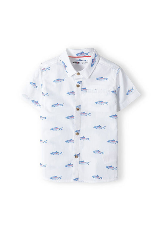 Short Sleeve Shirt, Fish Print, White - 2