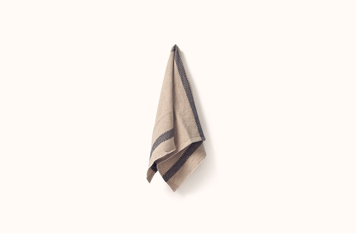 CHARVET NATURAL AND BLACK CHECKERBOARD STRIPE LINEN KITCHEN TOWEL