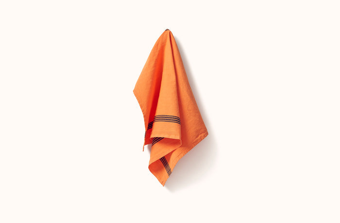 CHARVET ORANGE AND BLACK PIANO STRIPE LINEN KITCHEN TOWEL