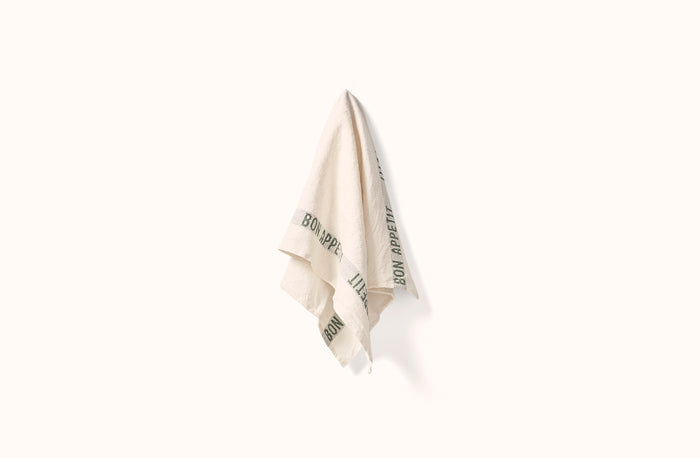 CHARVET WHITE AND GREEN BON APPETIT LINEN KITCHEN TOWEL