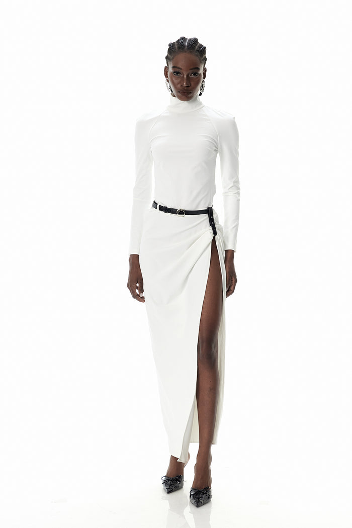 Cree Long Sleeve Ruch Split Maxi Dress