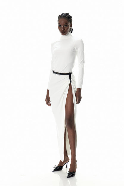 Cree Long Sleeve Ruch Split Maxi Dress