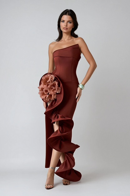 Darcie Flower Ruffle Asymmetric Maxi Dress