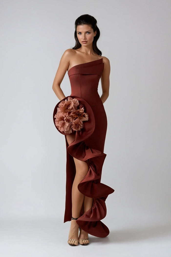 Darcie Flower Ruffle Asymmetric Maxi Dress