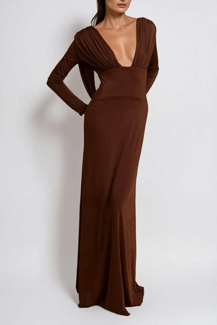 Daveth Plunge Backless Ruch Maxi Dress