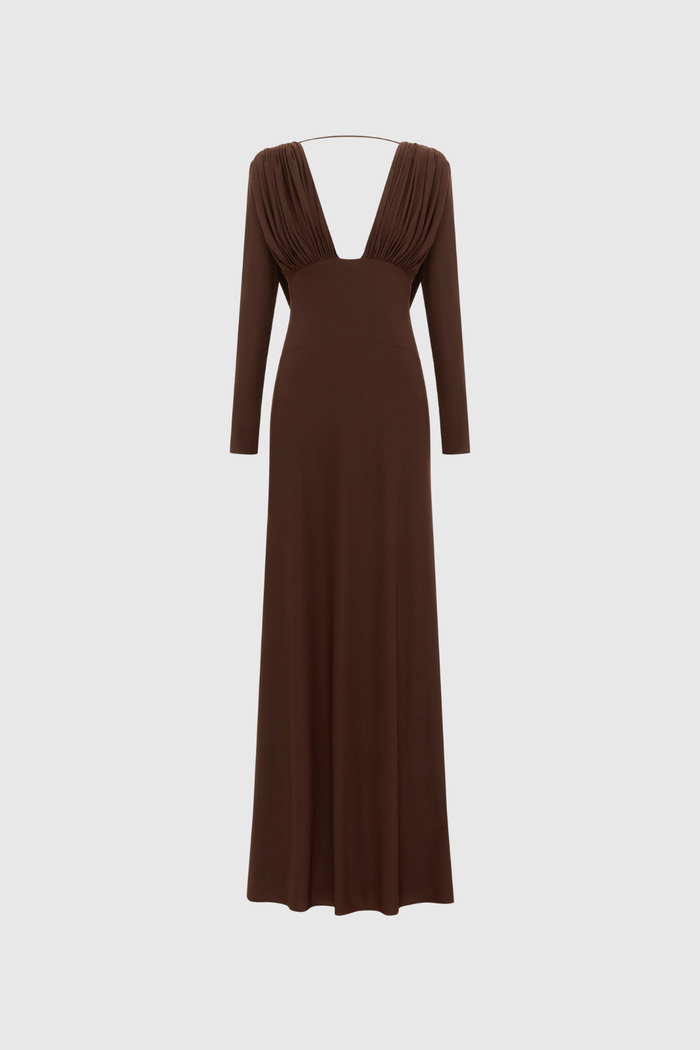 Daveth Plunge Backless Ruch Maxi Dress