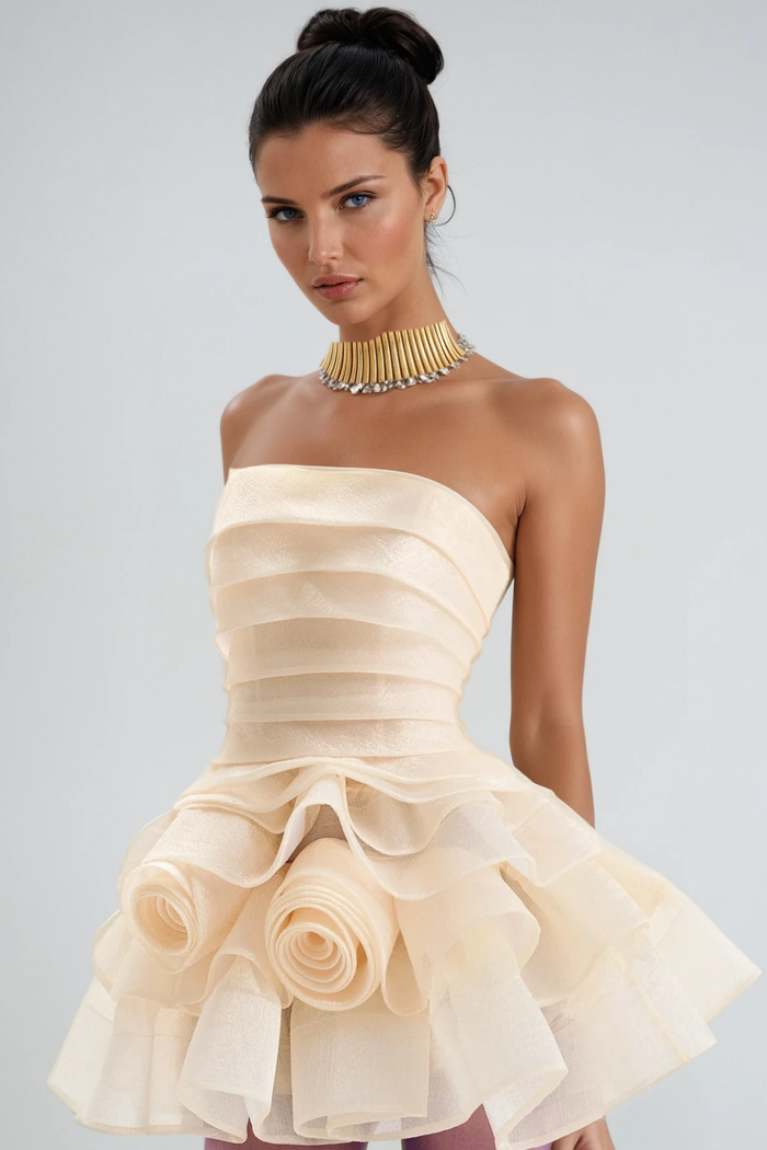 Davit Strapless Flower Ruffle Mini Dress
