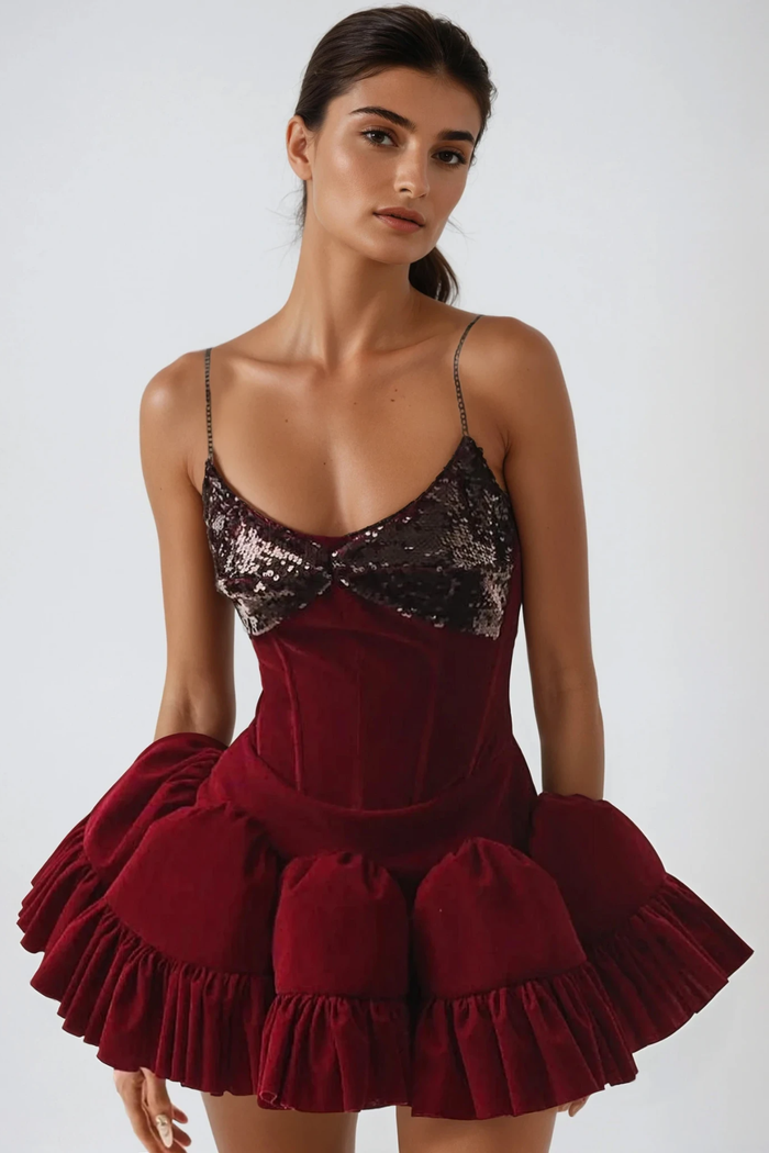 Dayna Spaghetti Sequin Puffy Mini Dress In Red
