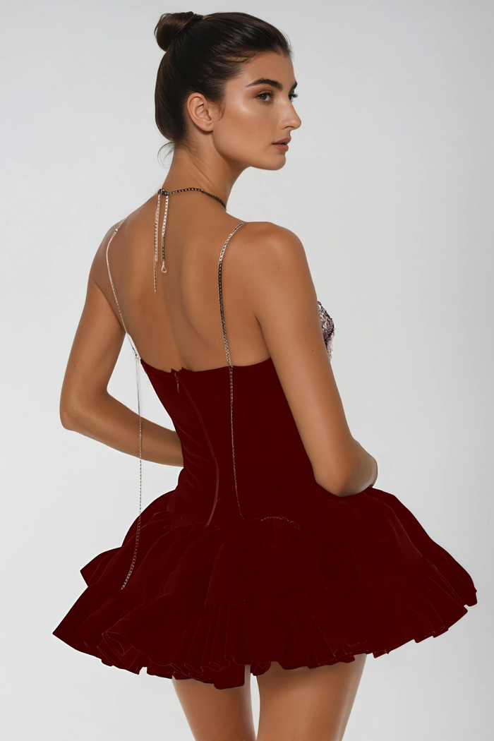 Dayna Spaghetti Sequin Puffy Mini Dress In Red