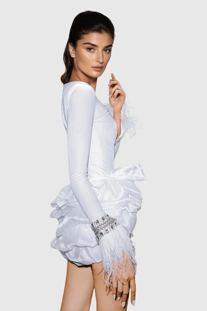 Dayo Fringe Crystal Mini Dress In White