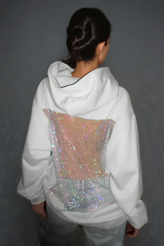 Dazhbog Hooded Rhinestone Mesh Top In White