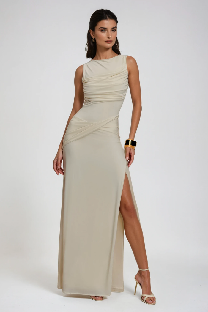 Deanne Sleeveless High Split Maxi Dress In White