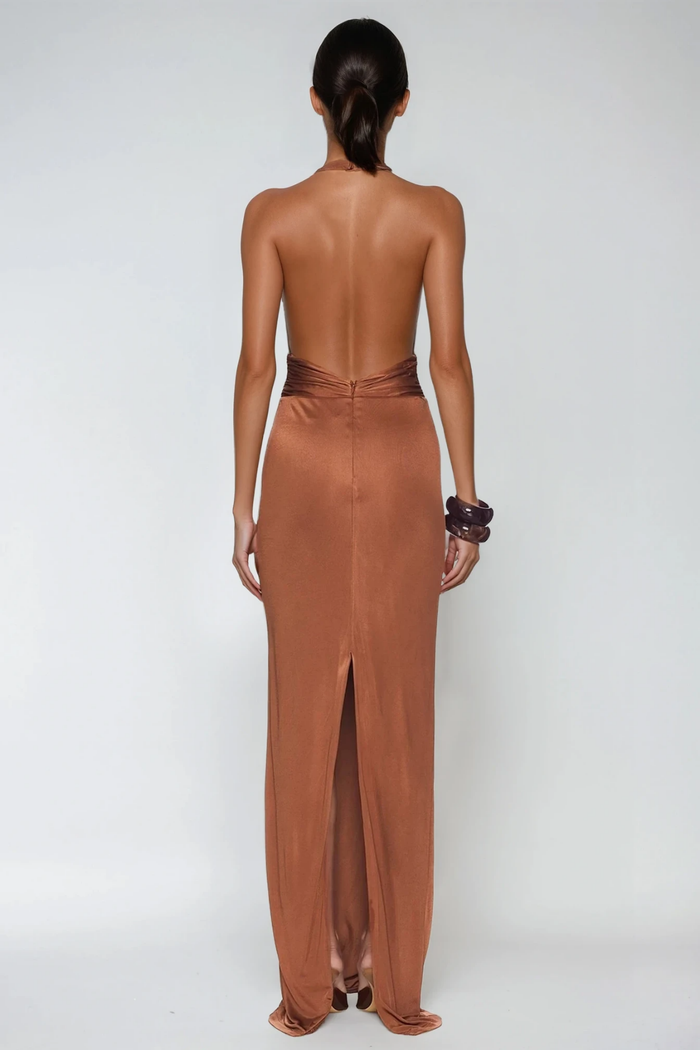 Debra Plunge Backless Ruch Maxi Dress