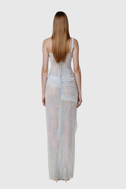 Dechen One Shoulder Corset Mesh Maxi Dress In Blue