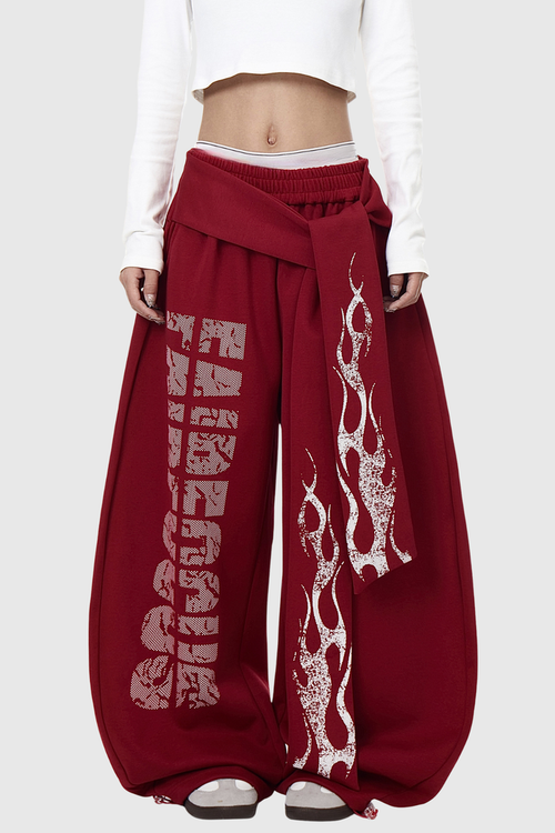 Deedee Tie Up Print Baggy Pants In Red