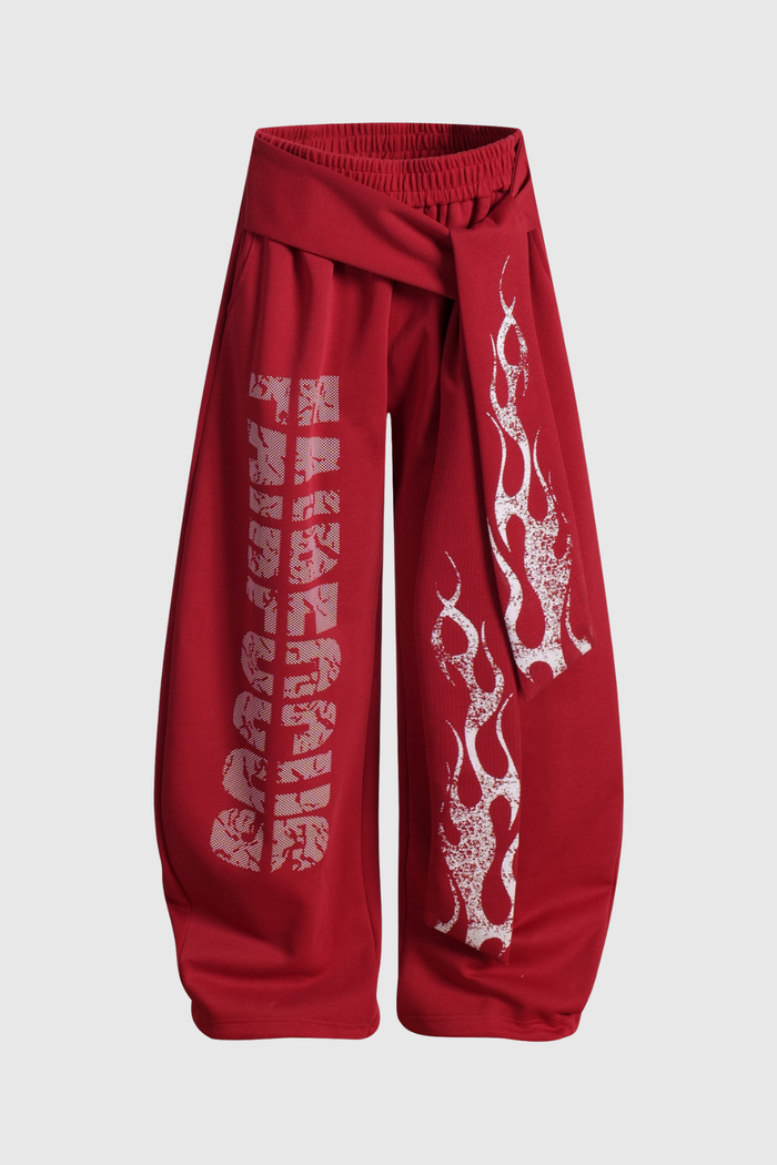Deedee Tie Up Print Baggy Pants In Red