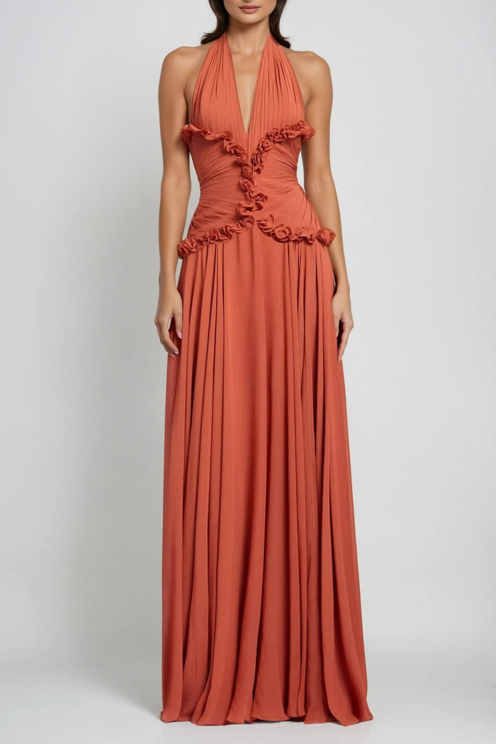 Dekel Halter Neck Ruffle Maxi Dress In Orange