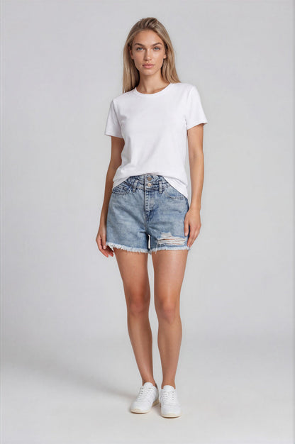 Esme Double Waistband Denim Shorts - Acid Light Wash