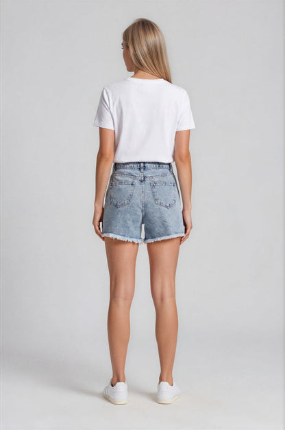 Esme Double Waistband Denim Shorts - Acid Light Wash