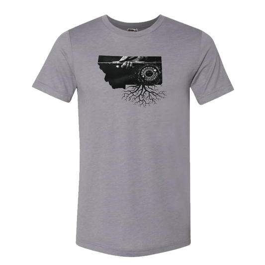 A gray crewneck t-shirt with a graphic of a fly fishing reel on the front, set against a white background.