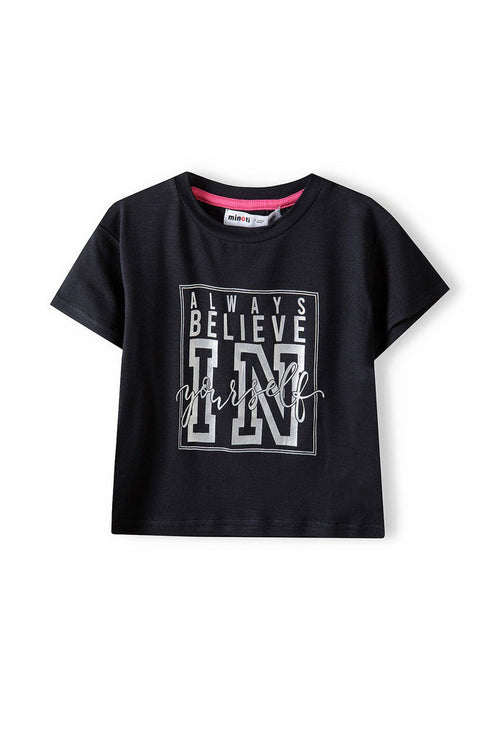 Cropped Sports T-shirt, Believe Print, Black - 1