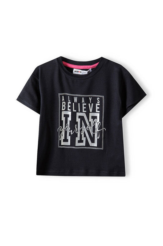 Cropped Sports T-shirt, Believe Print, Black - 1