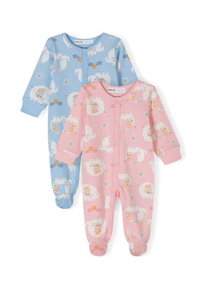 2-pack long sleeve sleepsuits in light blue and pink with elephant print, front fastening.