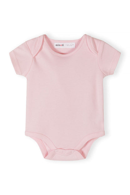 Girls short sleeve bodysuit in pink with snap fastenings, front view.