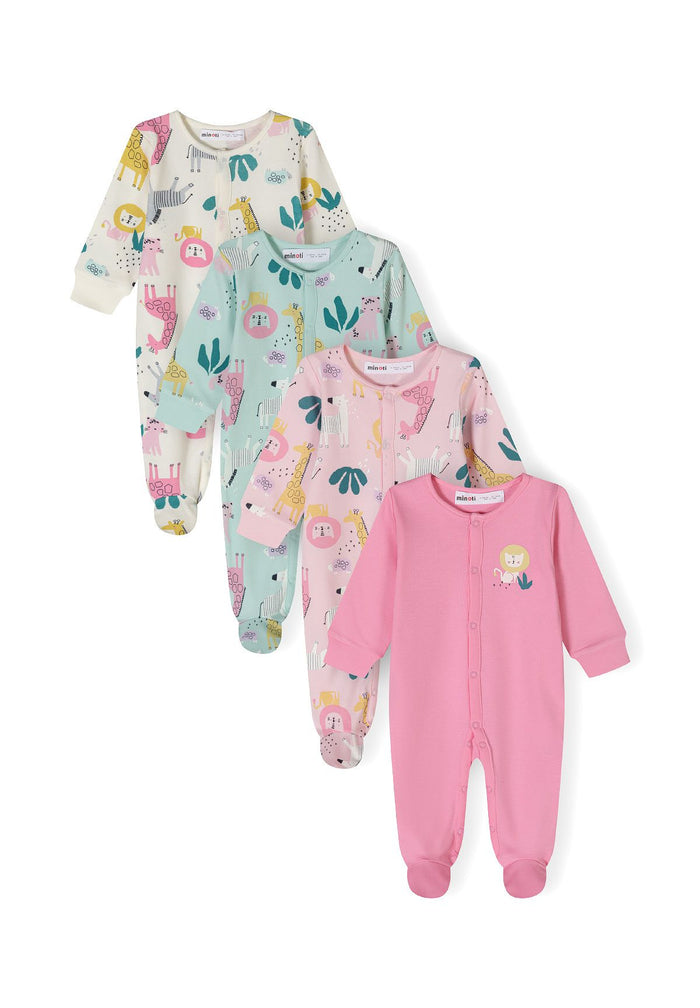 Four long-sleeved girls' sleepsuits with feet, featuring colorful animal prints and front press studs.