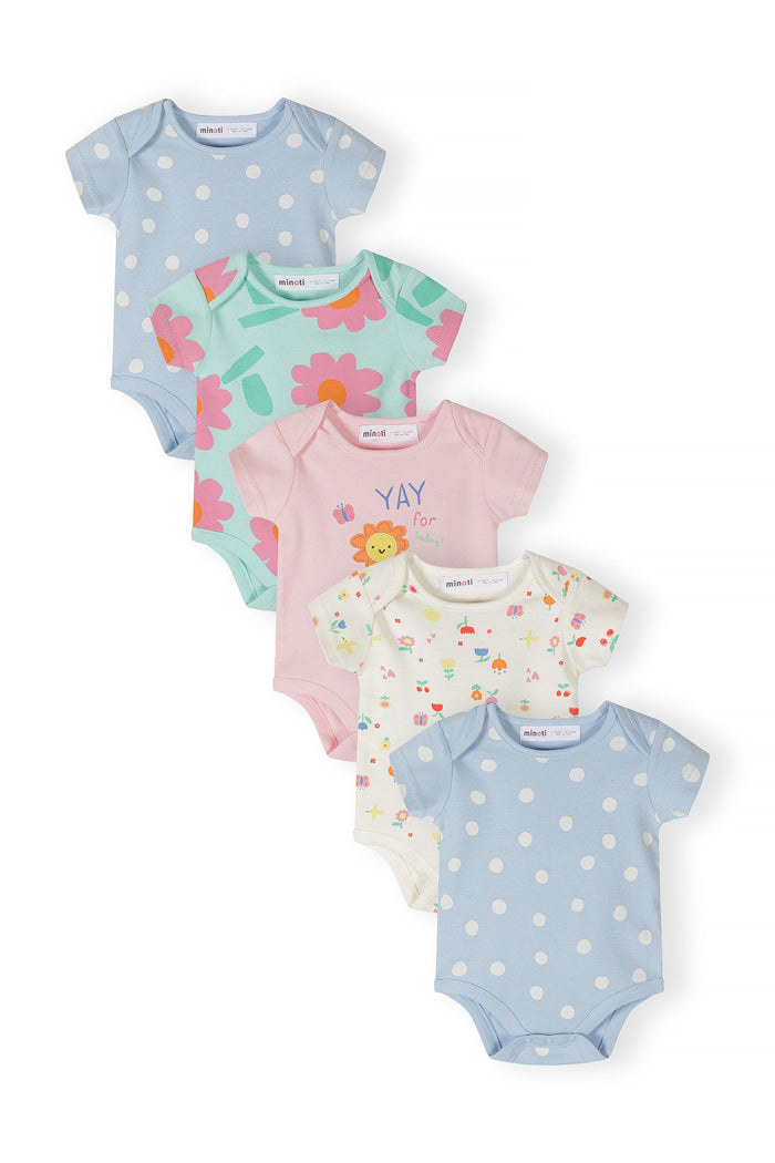 5-pack of girls' short-sleeve bodysuits featuring floral and spot prints, front view.