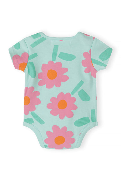 Detail of a girls' short sleeve bodysuit with pink floral print on a mint background.