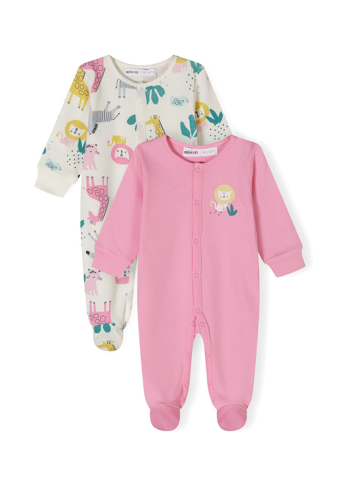 Two pack of girls' longsleeve pyjamas with feet, one pink with lion print, one patterned.
