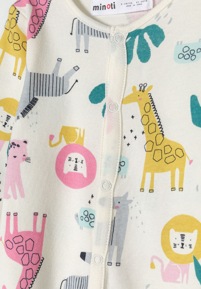 Detail of girls' purple pyjama set with animal prints and front press stud fastening.