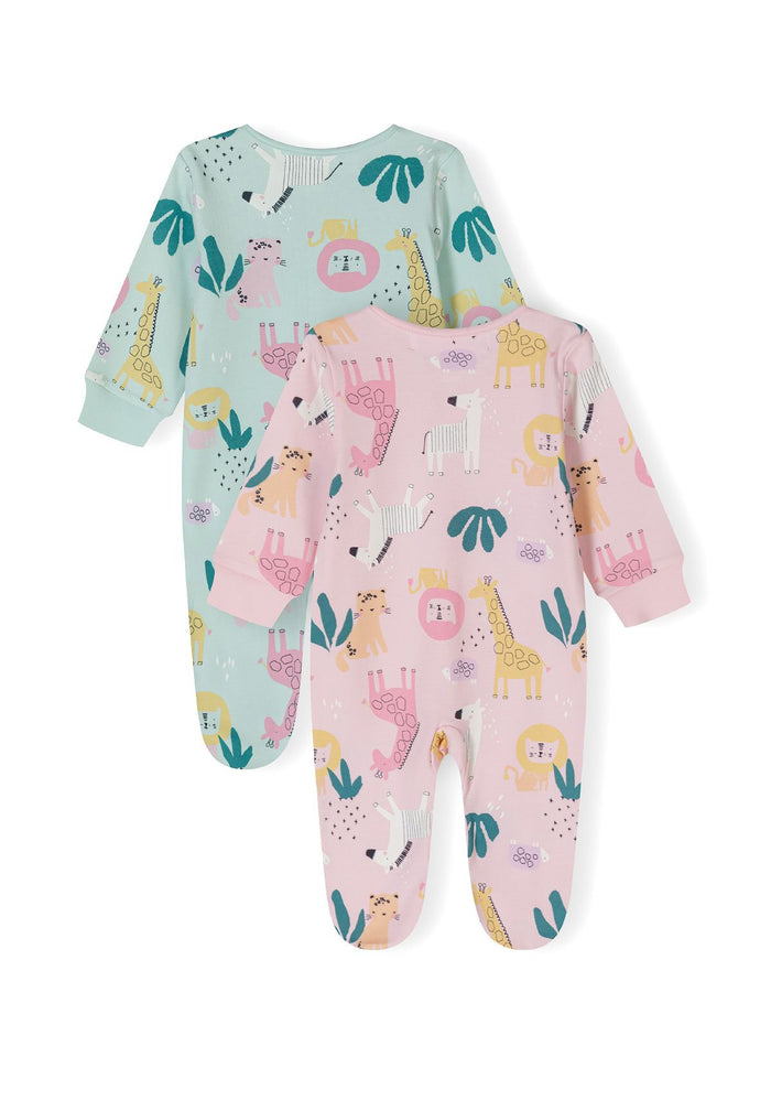 Two long-sleeved sleepsuits for girls in mint and pink with animal prints, back view.