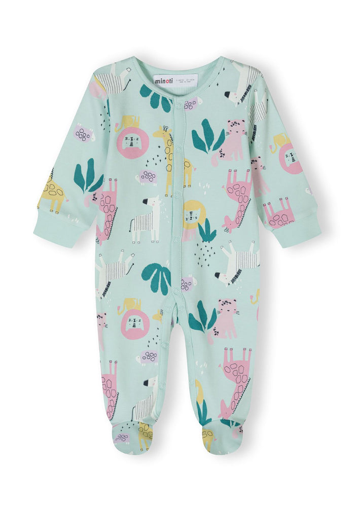 Girls' long-sleeved sleepsuit in mint with integrated feet, featuring a playful animal print, front press-stud fastening.